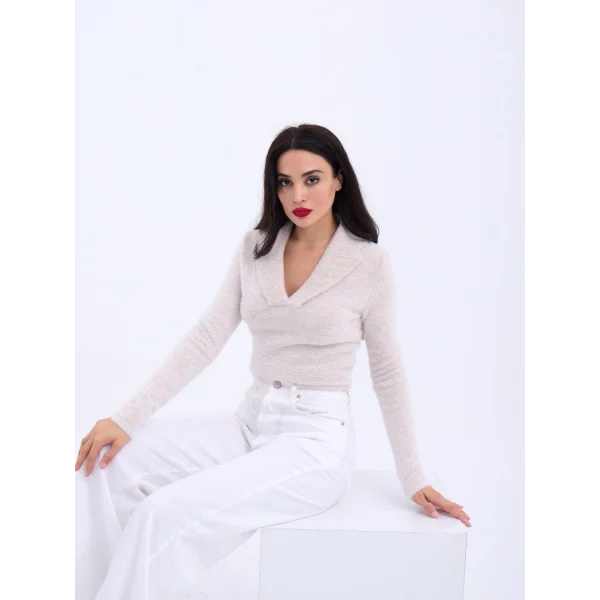 42531 TRİKO SİMLİ YAKALI CROP-EKRU