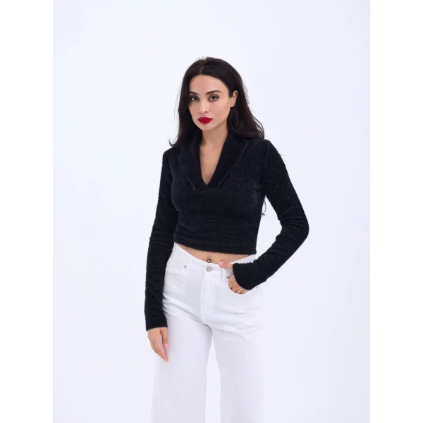 42531 TRİKO SİMLİ YAKALI CROP-SİYAH