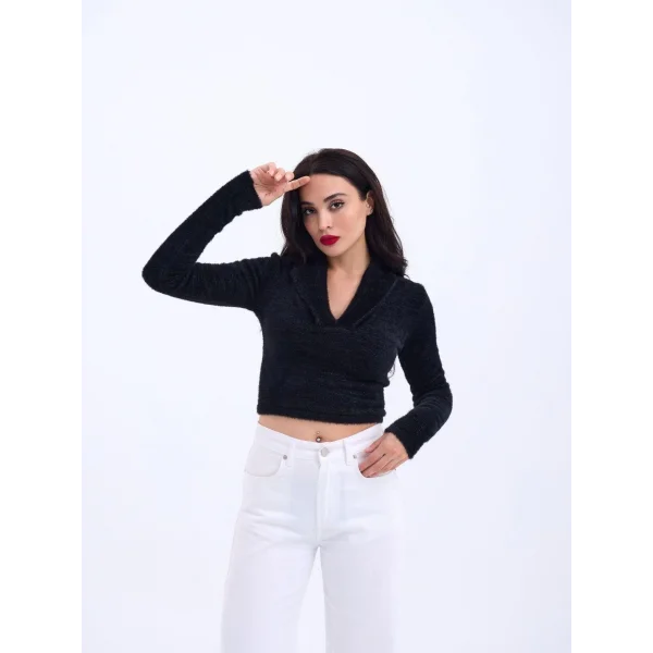 42531 TRİKO SİMLİ YAKALI CROP-SİYAH