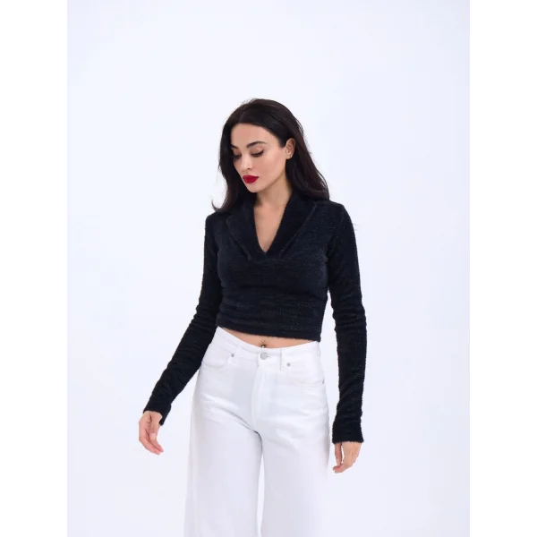 42531 TRİKO SİMLİ YAKALI CROP-SİYAH