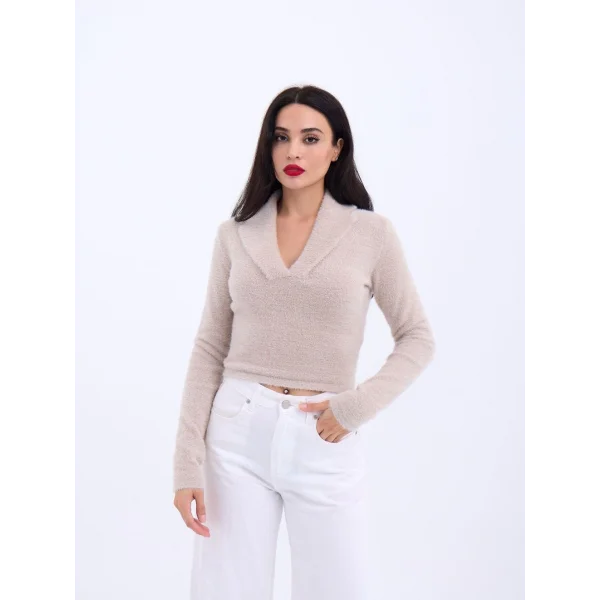 42531 TRİKO SİMLİ YAKALI CROP-TAŞ