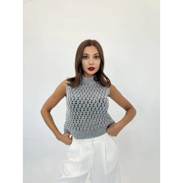 43021 TRİKO FİLE SÜVETER-GRİ