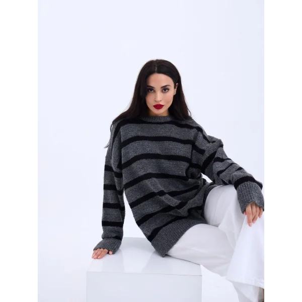 43111 TRİKO ÇİZGİLİ SALAŞ KAZAK-ANTRASİT-SİYAH