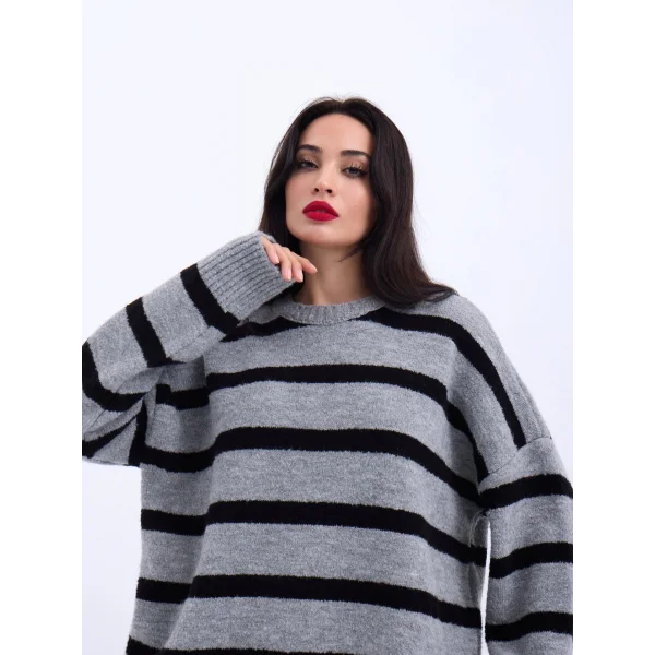 43111 TRİKO ÇİZGİLİ SALAŞ KAZAK-GRİ-SİYAH