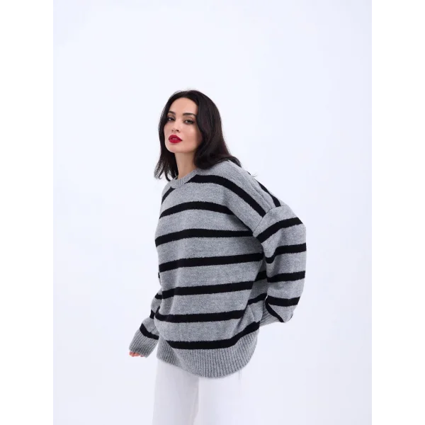 43111 TRİKO ÇİZGİLİ SALAŞ KAZAK-GRİ-SİYAH