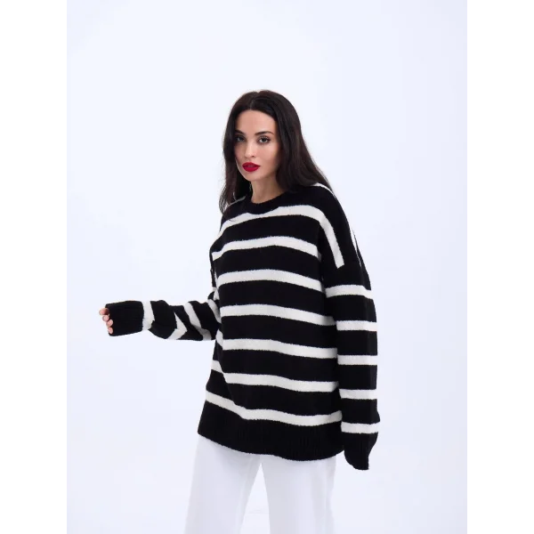 43111 TRİKO ÇİZGİLİ SALAŞ KAZAK-SİYAH-EKRU