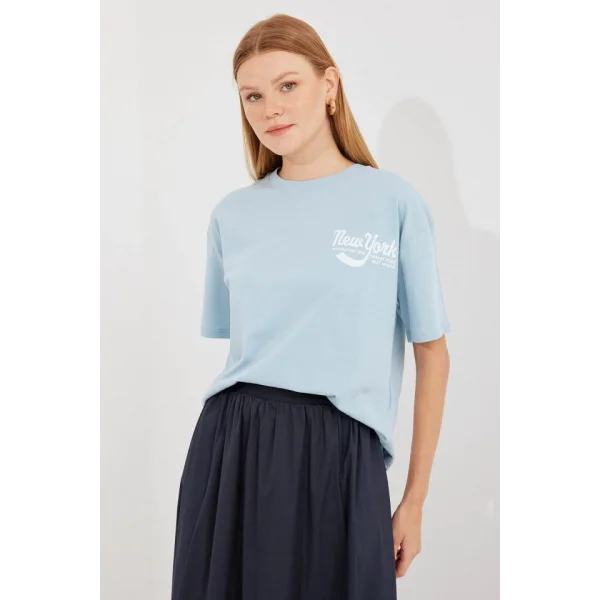 4318 Baskılı Basic Tişört - Mavi