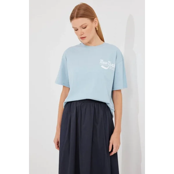 4318 Baskılı Basic Tişört - Mavi