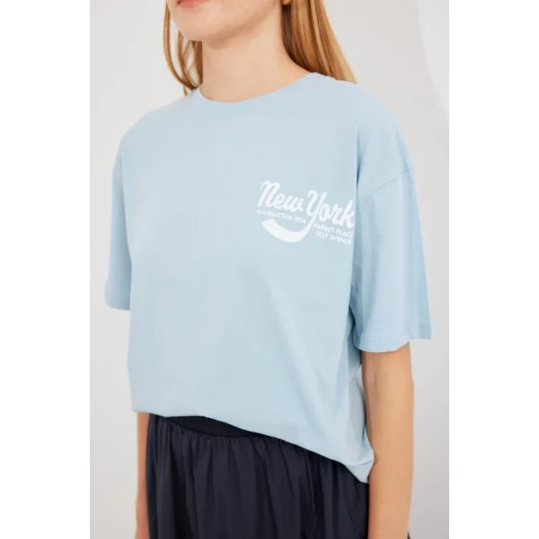 4318 Baskılı Basic Tişört - Mavi