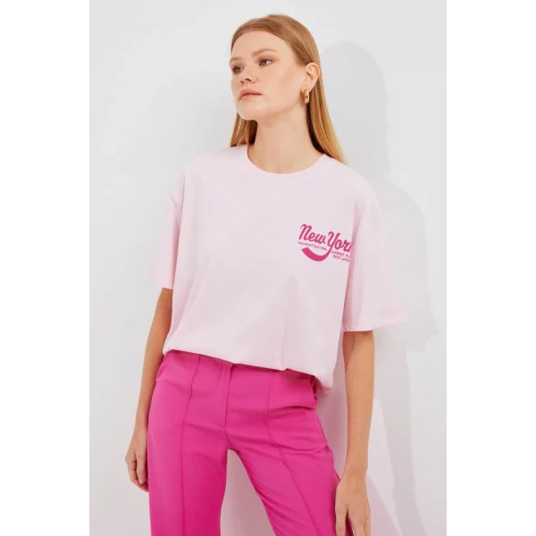 4318 Baskılı Basic Tişört - Pudra