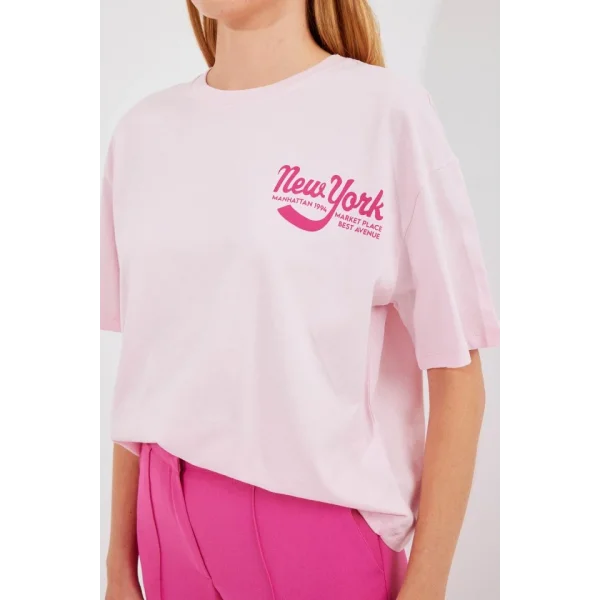4318 Baskılı Basic Tişört - Pudra