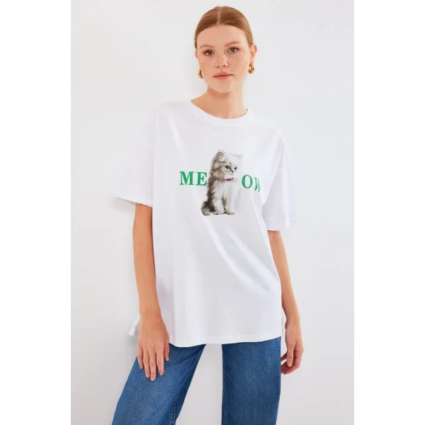 4319 Baskılı Oversize Tişört - Beyaz