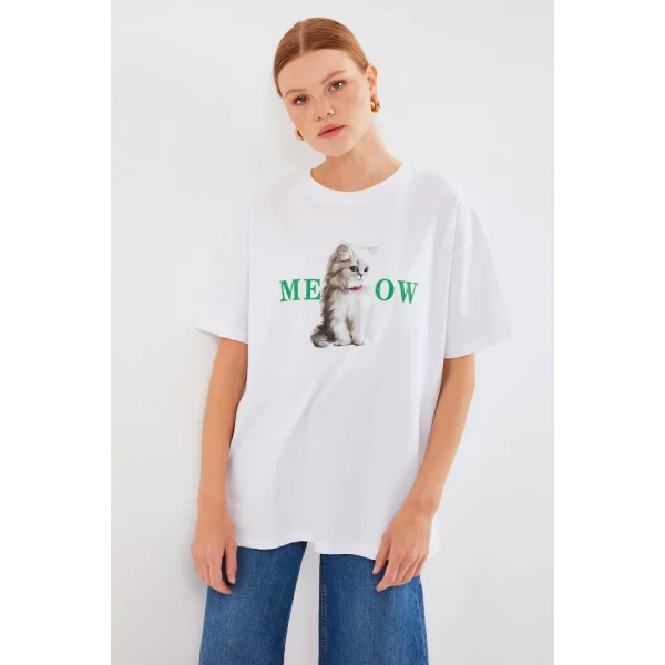 4319 Baskılı Oversize Tişört - Beyaz