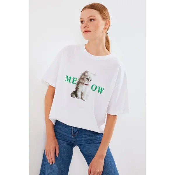 4319 Baskılı Oversize Tişört - Beyaz