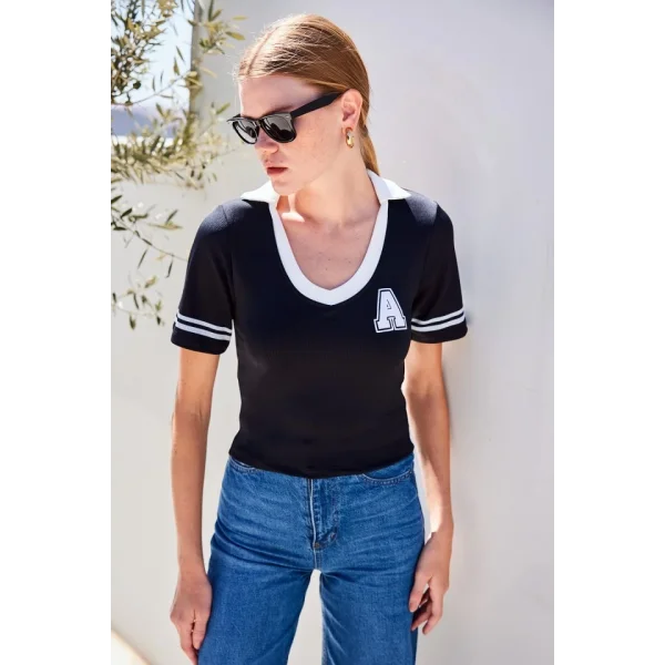 4320 Polo Yaka Basic Triko Bluz - Siyah