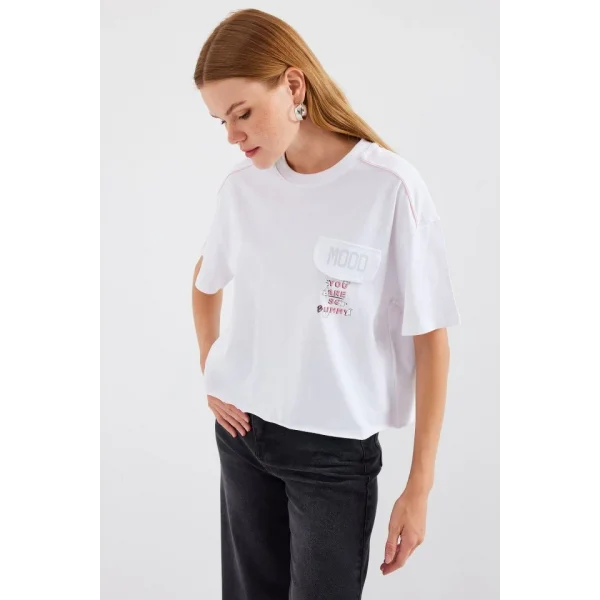 4321 Cep Detaylı Oversize Tişört - Beyaz