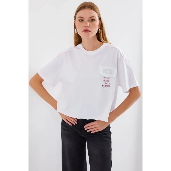 4321 Cep Detaylı Oversize Tişört - Beyaz