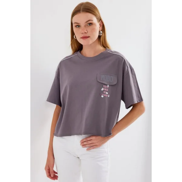 4321 Cep Detaylı Oversize Tişört - Gri