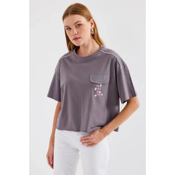 4321 Cep Detaylı Oversize Tişört - Gri