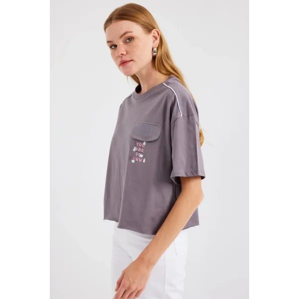 4321 Cep Detaylı Oversize Tişört - Gri