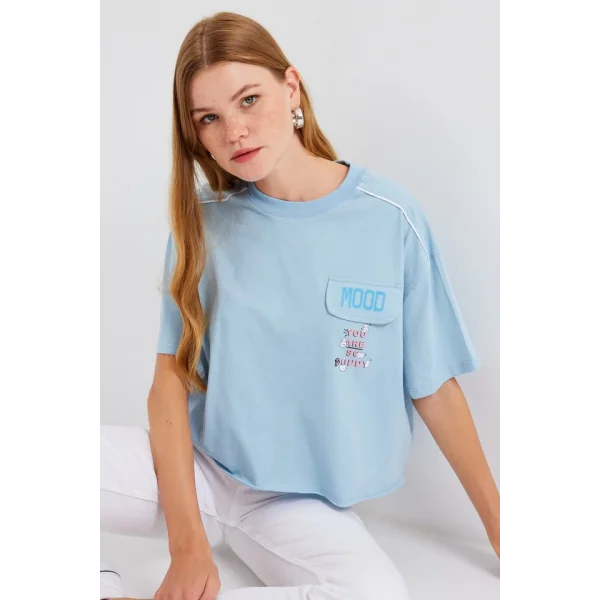 4321 Cep Detaylı Oversize Tişört - Mavi