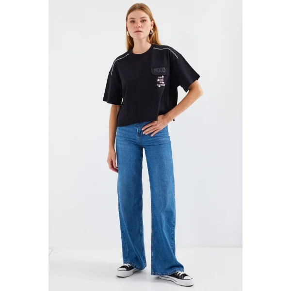 4321 Cep Detaylı Oversize Tişört - Siyah