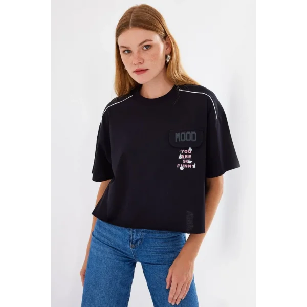 4321 Cep Detaylı Oversize Tişört - Siyah