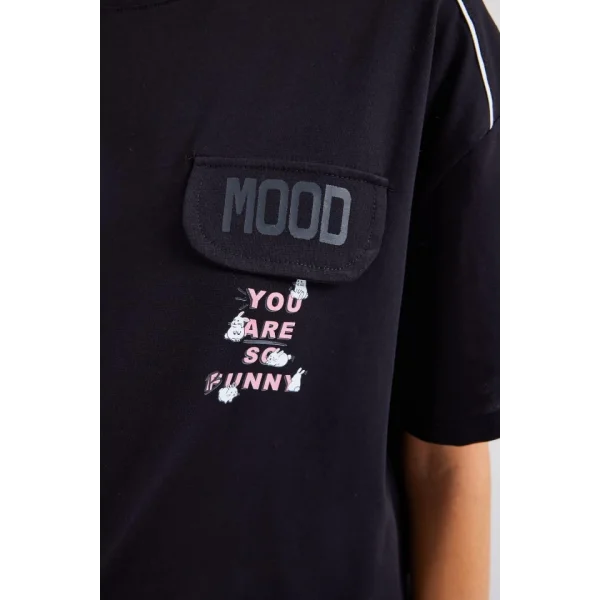 4321 Cep Detaylı Oversize Tişört - Siyah