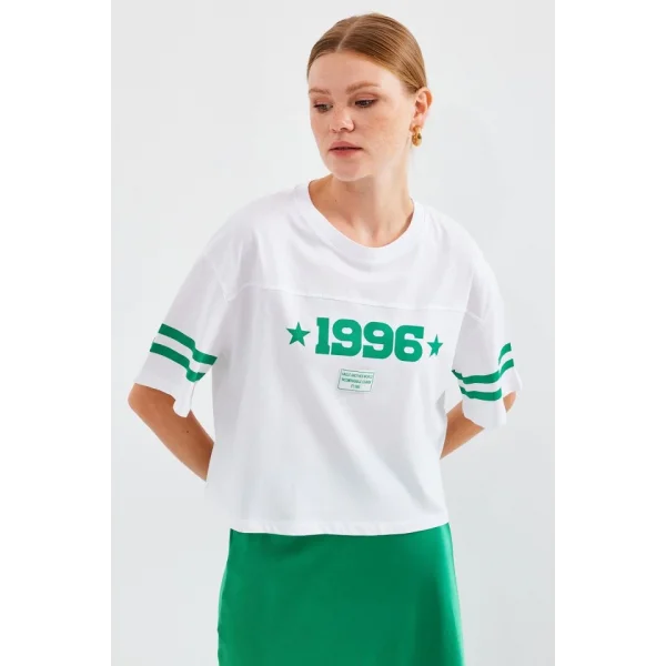 4322 Baskılı Oversize Basic Tişört - Beyaz