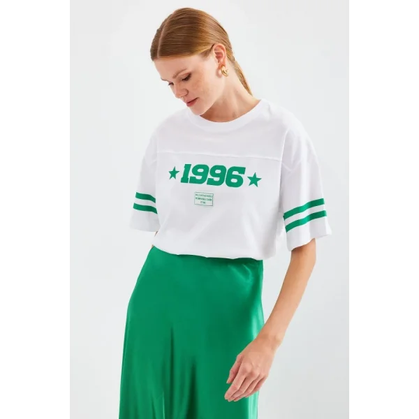 4322 Baskılı Oversize Basic Tişört - Beyaz