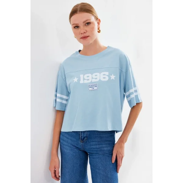 4322 Baskılı Oversize Basic Tişört - Mavi