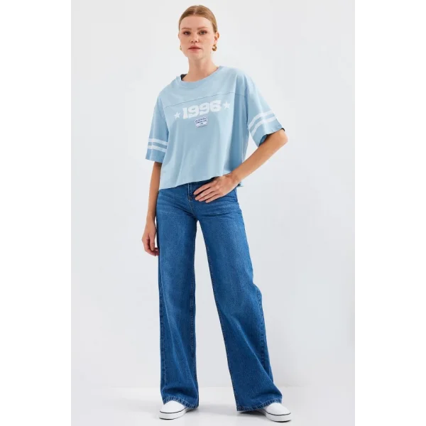 4322 Baskılı Oversize Basic Tişört - Mavi