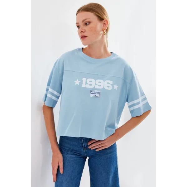 4322 Baskılı Oversize Basic Tişört - Mavi