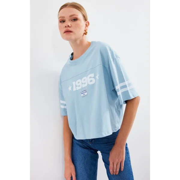 4322 Baskılı Oversize Basic Tişört - Mavi