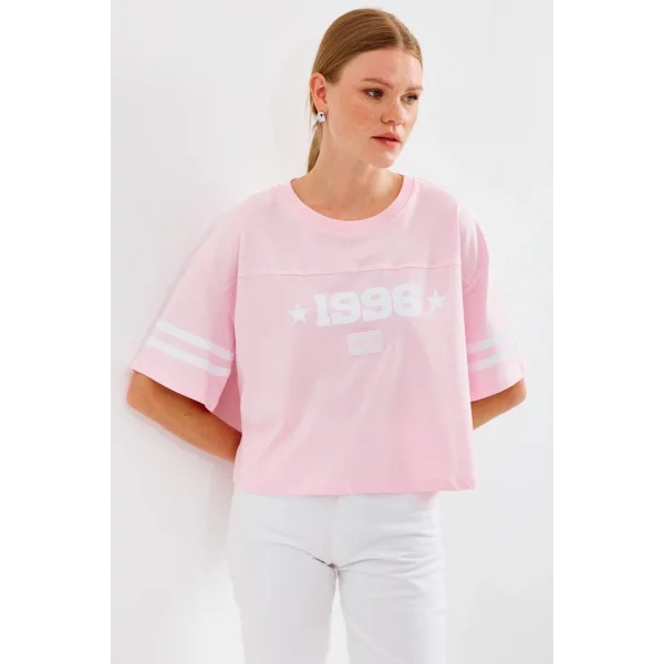 4322 Baskılı Oversize Basic Tişört - Pembe