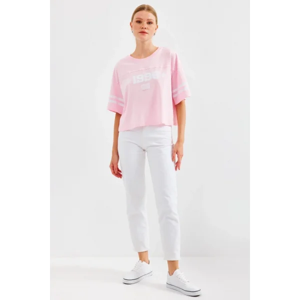 4322 Baskılı Oversize Basic Tişört - Pembe