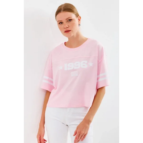 4322 Baskılı Oversize Basic Tişört - Pembe