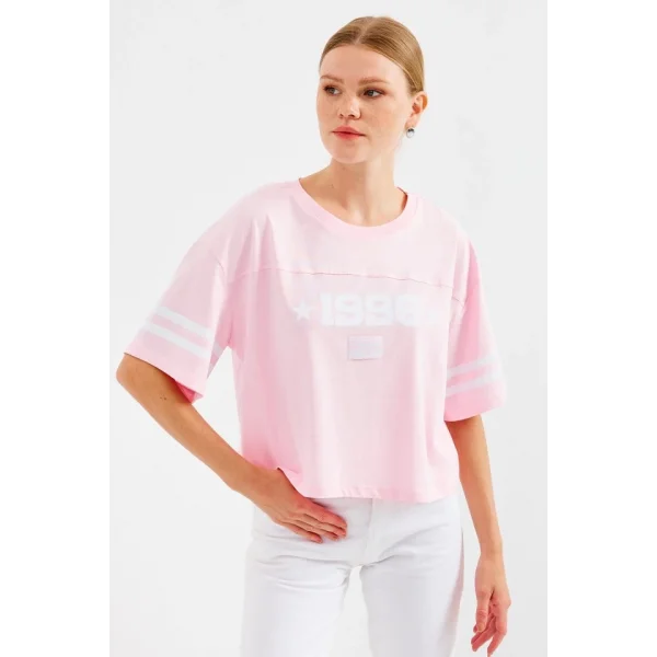 4322 Baskılı Oversize Basic Tişört - Pembe