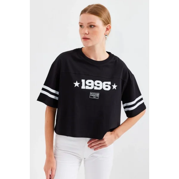 4322 Baskılı Oversize Basic Tişört - Siyah