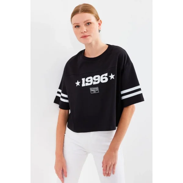 4322 Baskılı Oversize Basic Tişört - Siyah