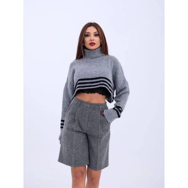 43241 TRİKO ÇİZGİLİ BALIKÇI CROP-GRİ-SİYAH