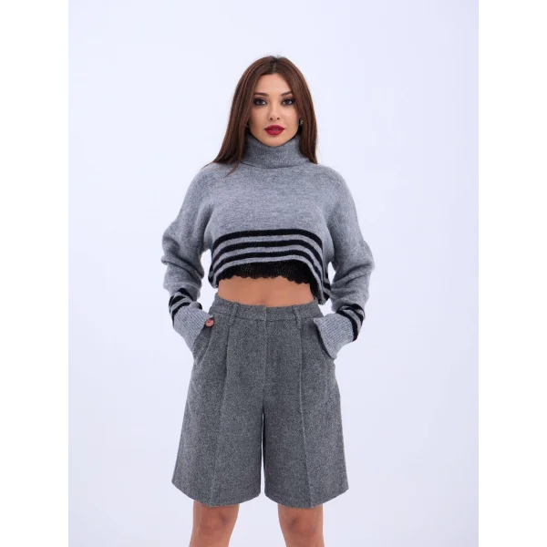 43241 TRİKO ÇİZGİLİ BALIKÇI CROP-GRİ-SİYAH