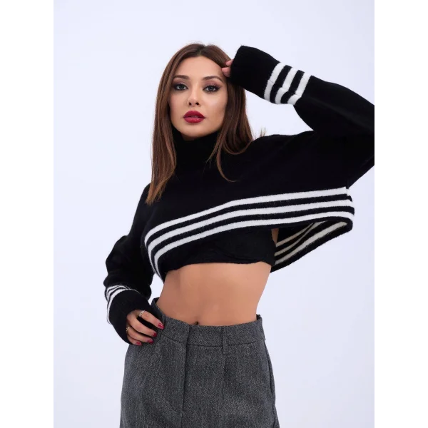 43241 TRİKO ÇİZGİLİ BALIKÇI CROP-SİYAH-EKRU