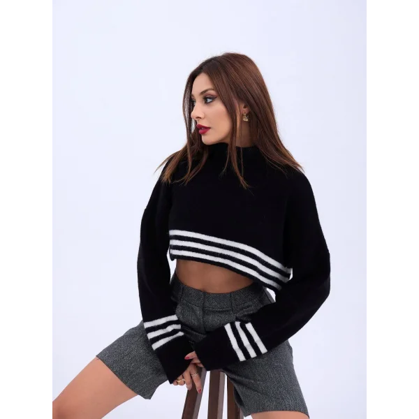 43241 TRİKO ÇİZGİLİ BALIKÇI CROP-SİYAH-EKRU