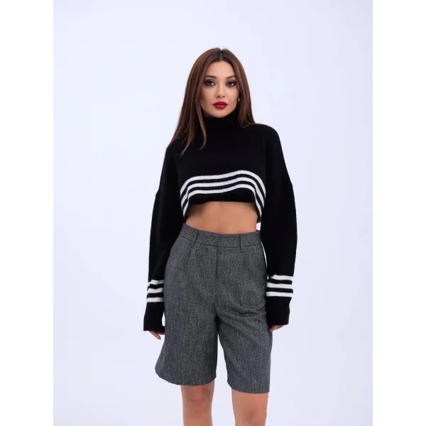 43241 TRİKO ÇİZGİLİ BALIKÇI CROP-SİYAH-EKRU