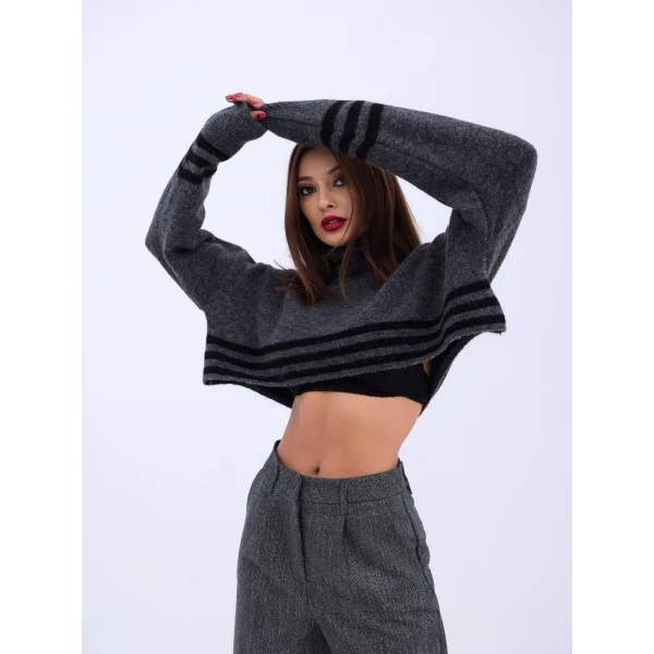 43241 TRİKO ÇİZGİLİ BALIKÇI CROP-SİYAH-EKRU