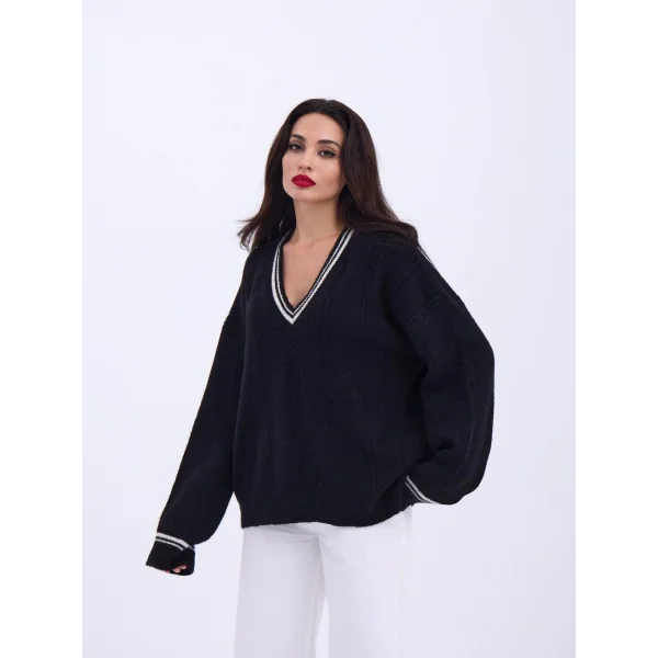 43291 TRİKO V YAKA ÇİZGİLİ KAZAK-SİYAH-EKRU