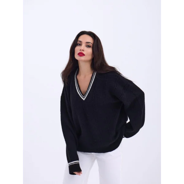 43291 TRİKO V YAKA ÇİZGİLİ KAZAK-SİYAH-EKRU