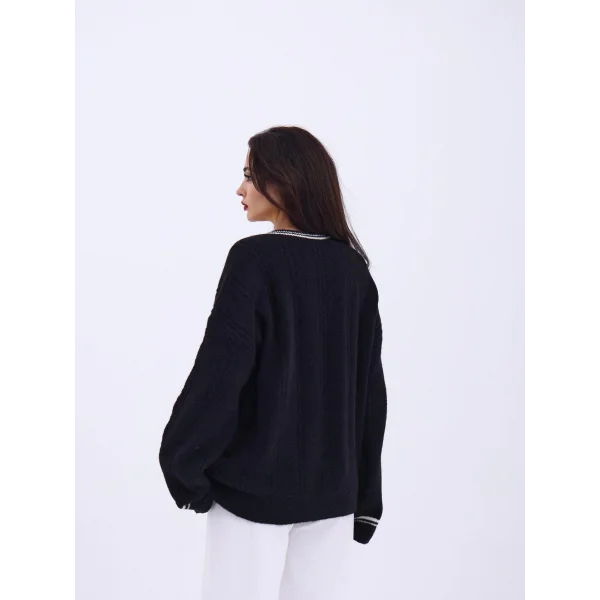 43291 TRİKO V YAKA ÇİZGİLİ KAZAK-SİYAH-EKRU