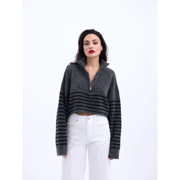 43311 TRİKO ÇİZGİLİ FERMUARLI CROP-ANTRASİT-SİYAH